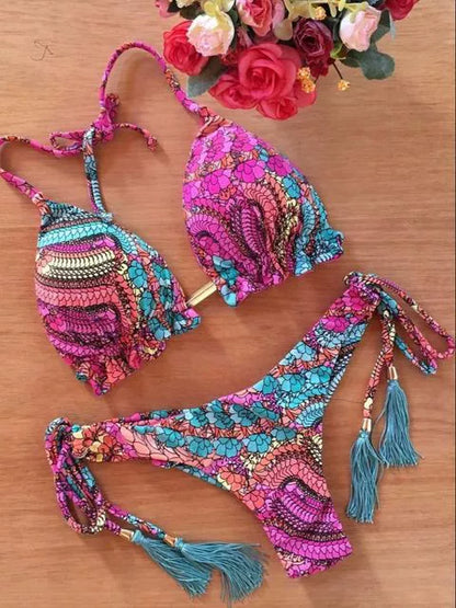 Printed Cutout Bikini Tethered Swimwear Summer Printed Bikini Lace Swimsuit