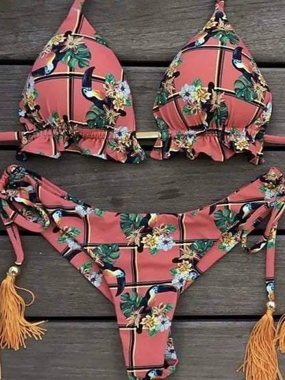 Printed Cutout Bikini Tethered Swimwear Summer Printed Bikini Lace Swimsuit