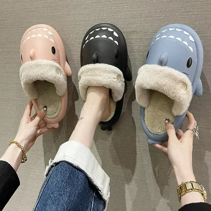 Shark Cotton Slippers Woman Waterproof Winter Indoor Couple Shoes Non-slip Slides Plush Warm Home Slides Flat Shark Flip Flops88