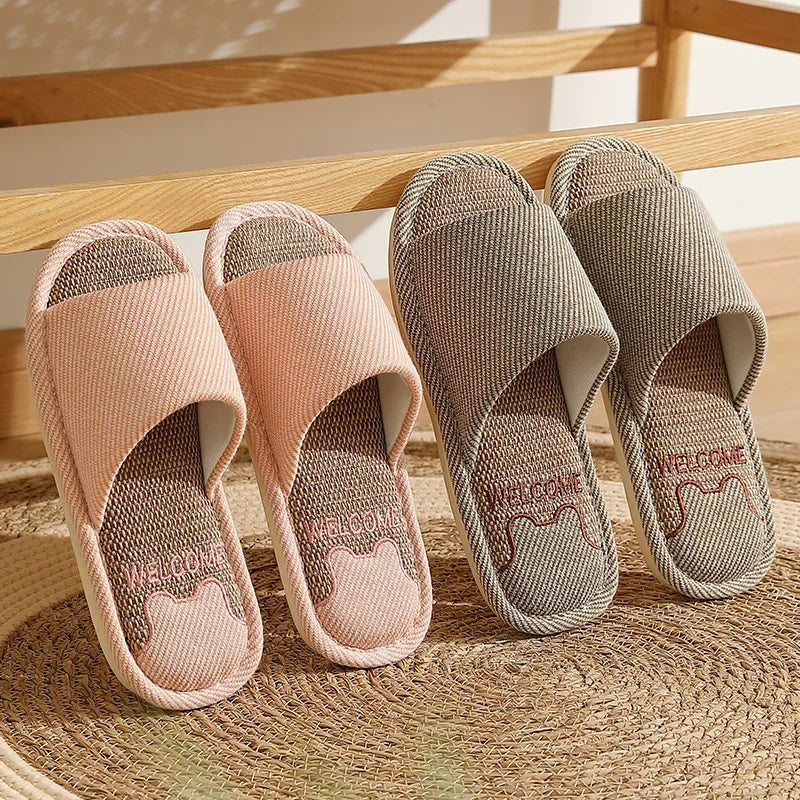 Linen Slippers Indoor Home Breathable Women Men Slides Linen Couples Anti-slip Shoes Beach Sandals Shoes Comfortable Flats