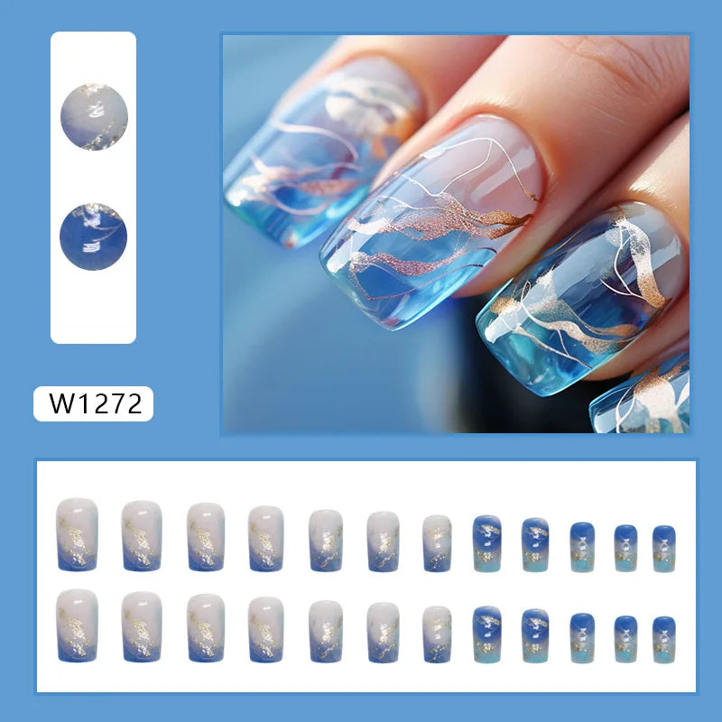 24Pc Blue Ocean Fake Nails Short Square Head Ballet False Nails French Ballerina Press on Nails Full Cover Acrylic Nail Art Tips