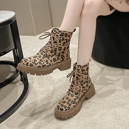 Shoes for Women 2023 Fashion Lace Up Women Boots Winter Round Toe Leopard Print Short Barrel Chunky Heels Zipper Plus Size Boots