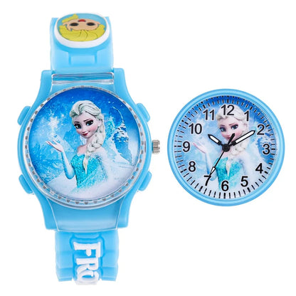 Flip Rotating Children's Watch Frozen Princess Aisha SpiderMan Cartoon Clock Top Student Decompression Girl Boy Quartz Watches