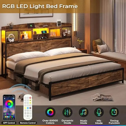 King Size Farmhouse Style Bed Frame with LED Lights Charging Station Rustic Brown Storage Headboard Sliding Doors Metal Steel