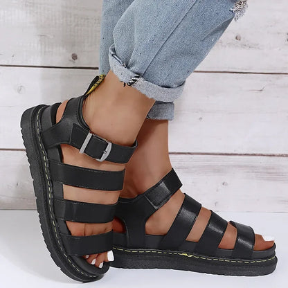 Summer 2024 Classic Leather Sandals Ladies Roman Buckle Open Toe Beach Shoes Thick Bottom Leather Fish Mouth Trifle Sandals