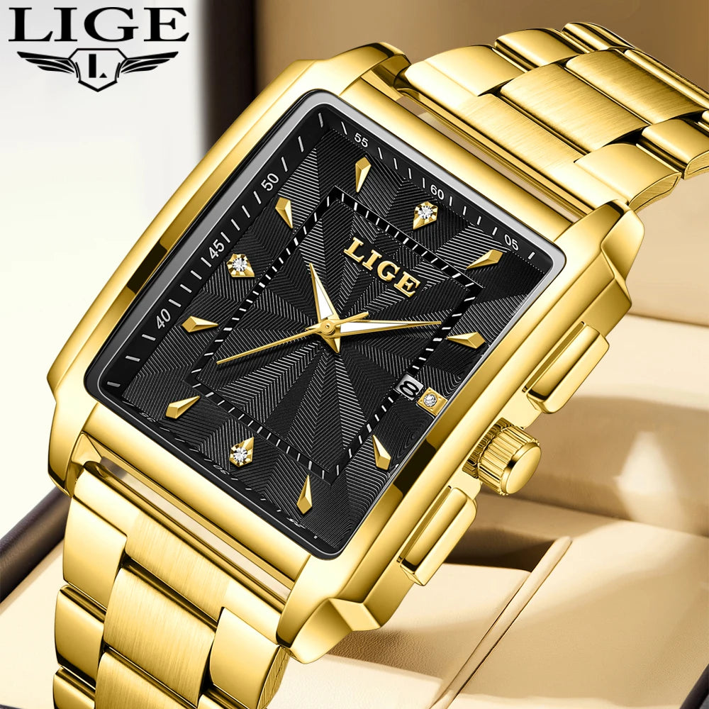 LIGE Fashion Business Watch Men Square Sport Waterproof Watches For Men Top Brand Luxury Military Quartz Chronograph Wristwatch