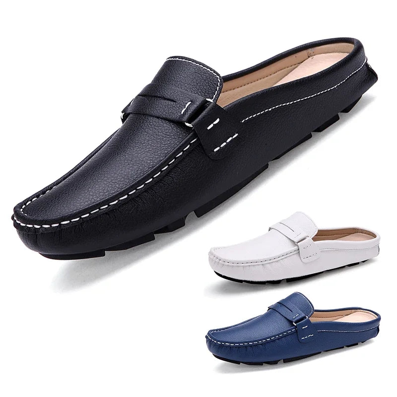 Men Slippers Fashion Leather Loafers Outdoor Non-slip Casual Driving Shoes Men Mules Slides Comfortable Beach Sandals Zapatillas