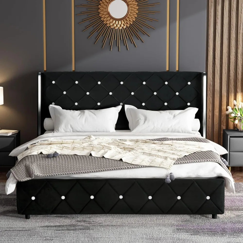 Bed Frame with Wingback, Upholstered Beds Frames with Diamond Tufted Headboard and Footboard, No Box Spring Needed, Bed Frame