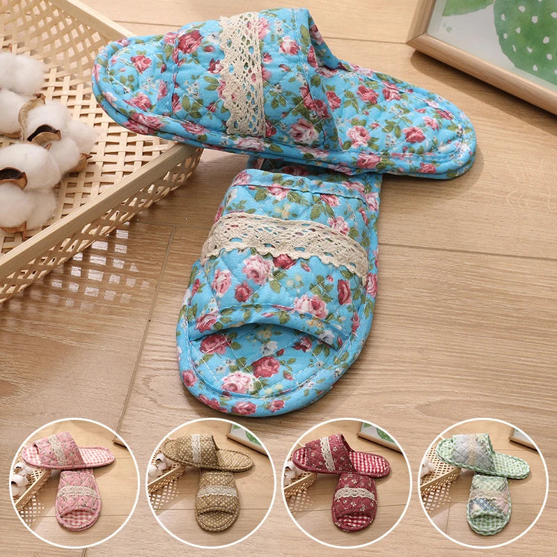 Women Indoor Cotton Slippers Japanese Floral Bedroom Carpet Slippers Soft Toe Sole Slippers Non-Slip Home Bedroom Slippers