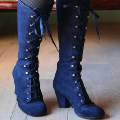 2023 Medieval Women's Casual Riding Boots Winter Lace Up Suede Long Tube Knight Boot Female High Heel Cowboy Shoes Mid-Calf Sexy