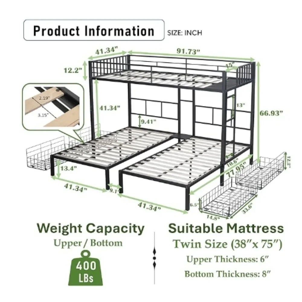 L-Shaped Triple Bunk Bed with Drawers for 3 Kids,Can Be Divided Into 3 Separate Beds W/Safety Textilene Guardrals, Bed Frame