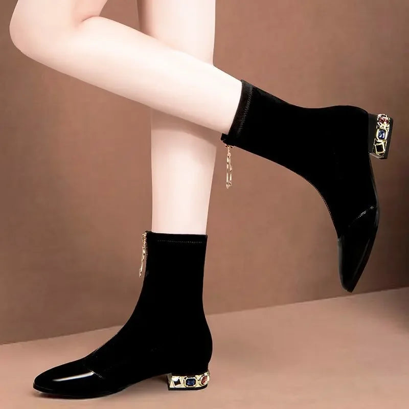 Women Shiny Sequin Ankle Boots Winter Fashion Pointed Front Zipper Rhinestone Square Heels Short Boots Retro Motorcycle Shoes55