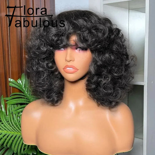 Egg Curls Bob Wig with Bangs Brazilian Virgin Human Hair Short Rose Curly Wig For Women Glueless Bouncy Curly Human Hair Wigs