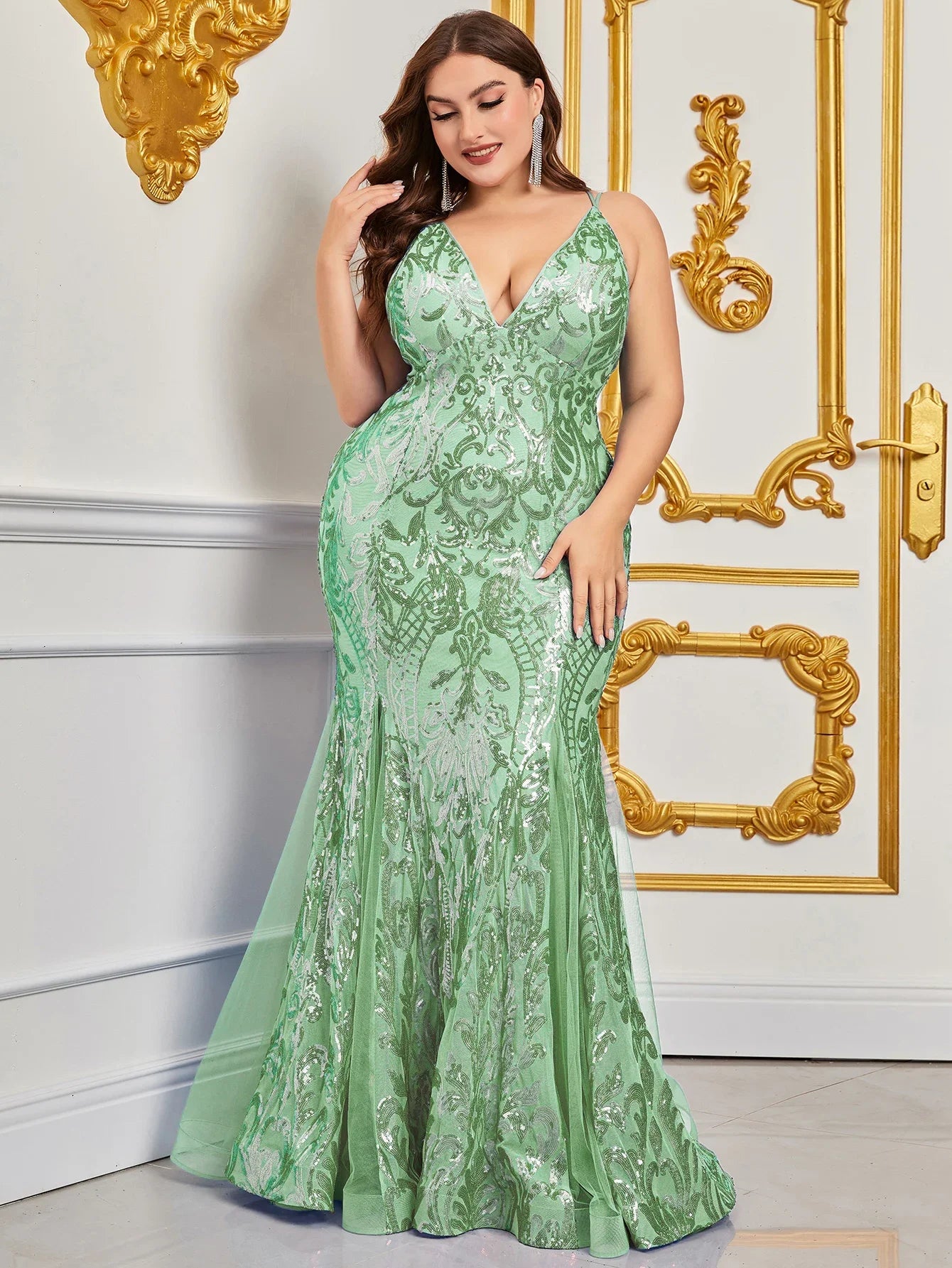 Plus Size Back Lace Up Sequin Mermaid Dress