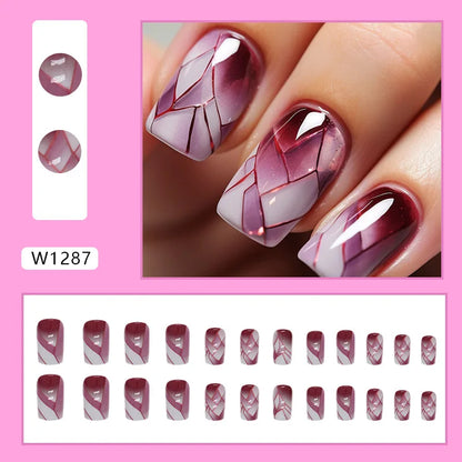 24Pc Blue Ocean Fake Nails Short Square Head Ballet False Nails French Ballerina Press on Nails Full Cover Acrylic Nail Art Tips