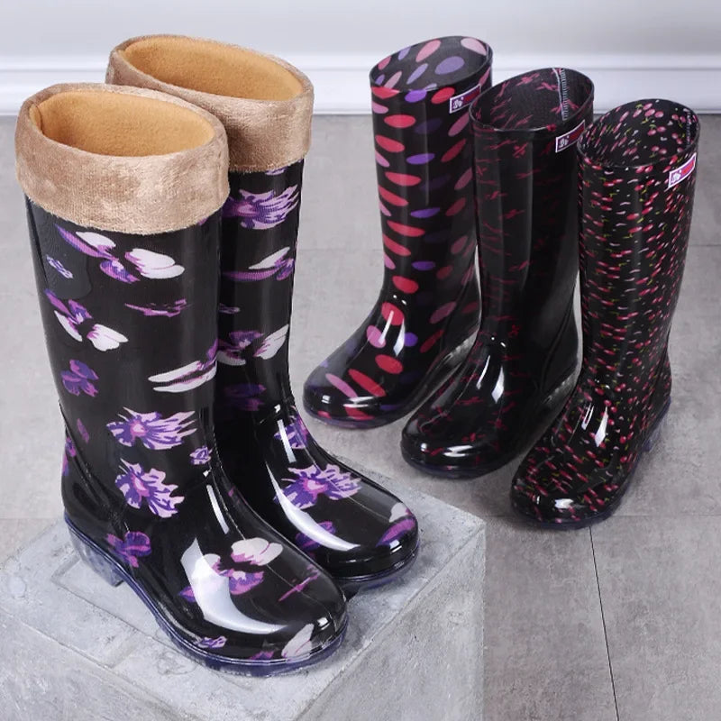 Water Shoes Women's Rain Boots Long Tube Ladies Fashion Rain Boots Waterproof Non-slip Medium and High Rubber Boots Work Boots