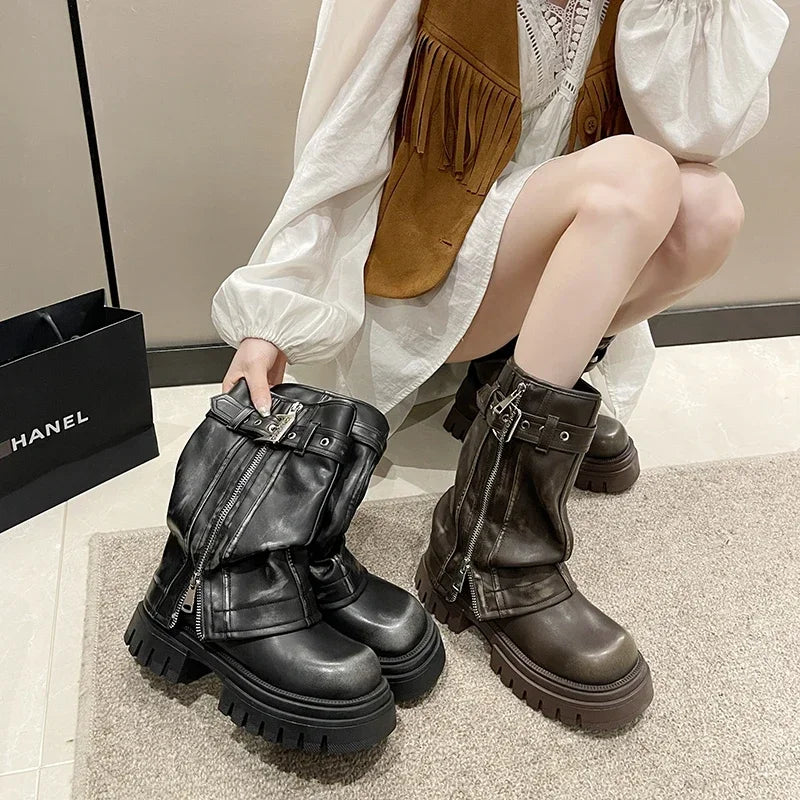 2023 New Shoes for Women Belt Buckle Women's Boot Fashion Side Zipp Modern Boots Women High Quality Round Toe Mid-Calf Zapatos