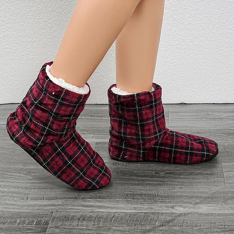 Winter Adult Men And Women Thick Warm Floor Shoes  Non-Slip Indoor Cotton Shoes Plush Home Slippers Plaid Shoes Women Girl