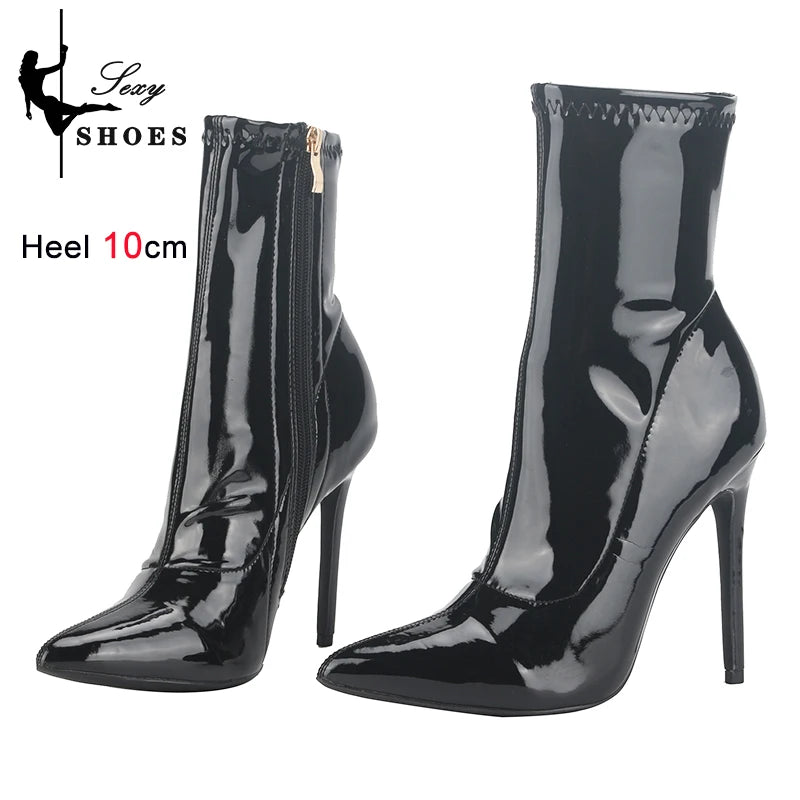 10cm 12CM Sexy Women Ankle Boots Zipper Thin Heels Short Boot Glossy Patent Leather High Heels Office Shoes Woman Bota Feminina