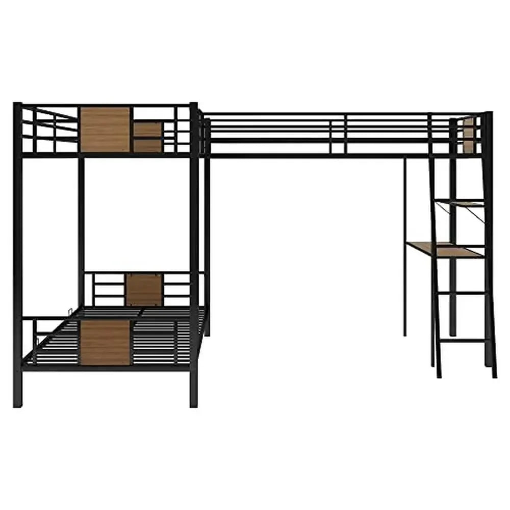 L-Shaped Triple Metal Bunk Bed with Desk and Shelf Twin Loft Bed Attached Space Saving Design Heavy Duty Suitable Children Room