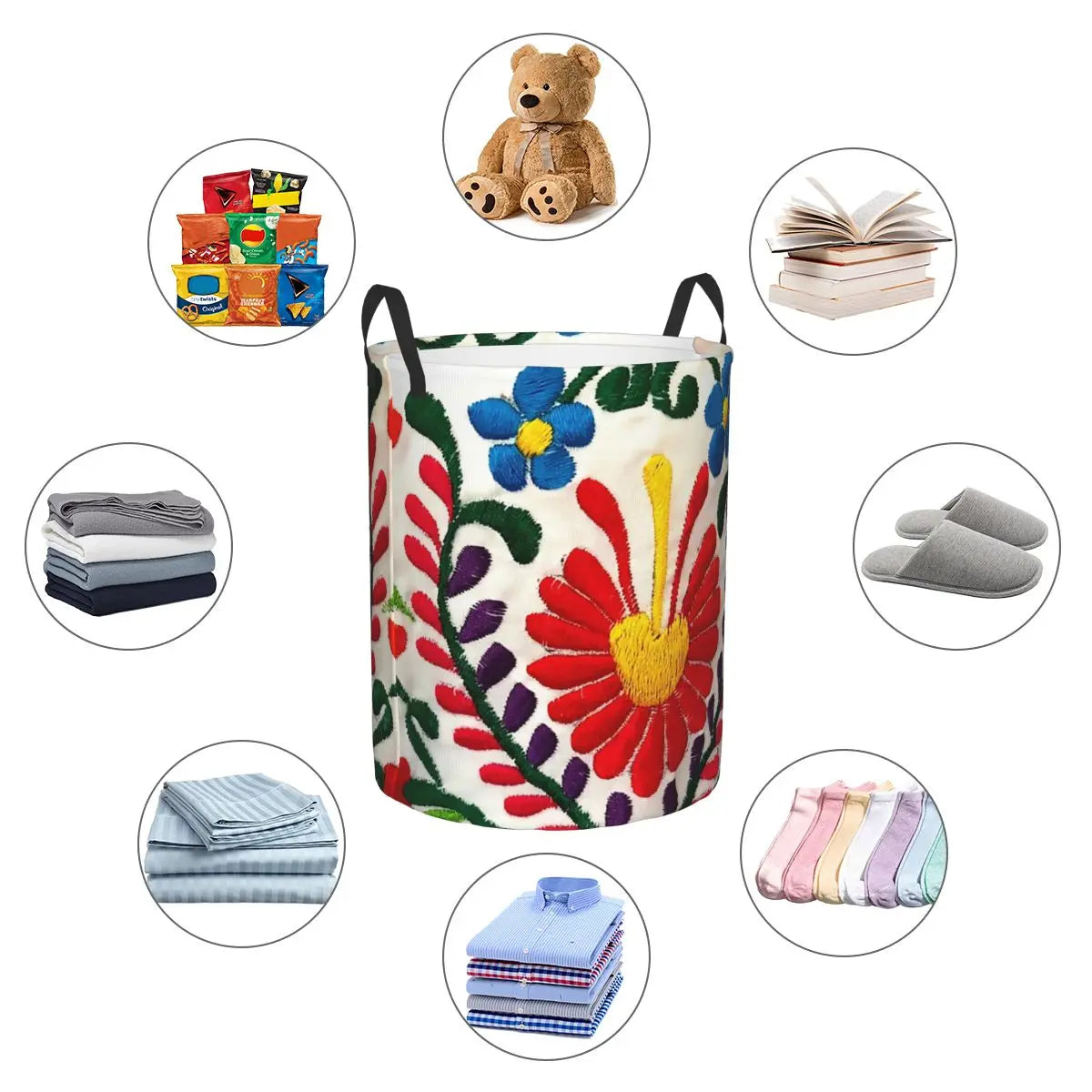 Custom Mexican Flowers Laundry Basket Foldable Clothes Hamper for Nursery Kids Toys Storage Bag