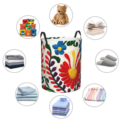 Custom Mexican Flowers Laundry Basket Foldable Clothes Hamper for Nursery Kids Toys Storage Bag