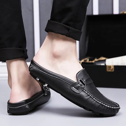 Men Slippers Fashion Leather Loafers Outdoor Non-slip Casual Driving Shoes Men Mules Slides Comfortable Beach Sandals Zapatillas