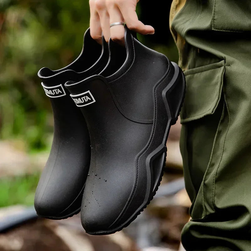 Men Black High Top Ankle Boots for Rain Casual Flat Rainboots for Men Fashion Rubber Rain Boots Waterproof Shoes Size 36-44