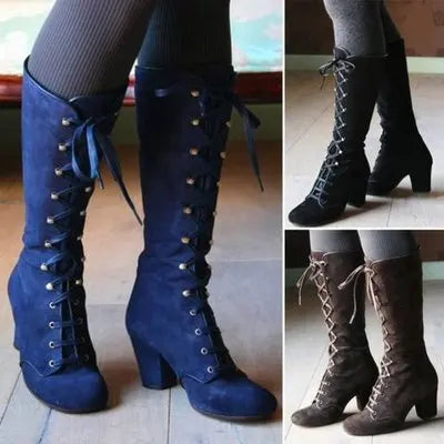 2023 Medieval Women's Casual Riding Boots Winter Lace Up Suede Long Tube Knight Boot Female High Heel Cowboy Shoes Mid-Calf Sexy