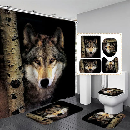 Animal Style Shower Curtain White Wolf Printed Waterproof Bathroom Decor Anti-Slip Toilet Cover Kitchen Rug Doormat Bath Kits