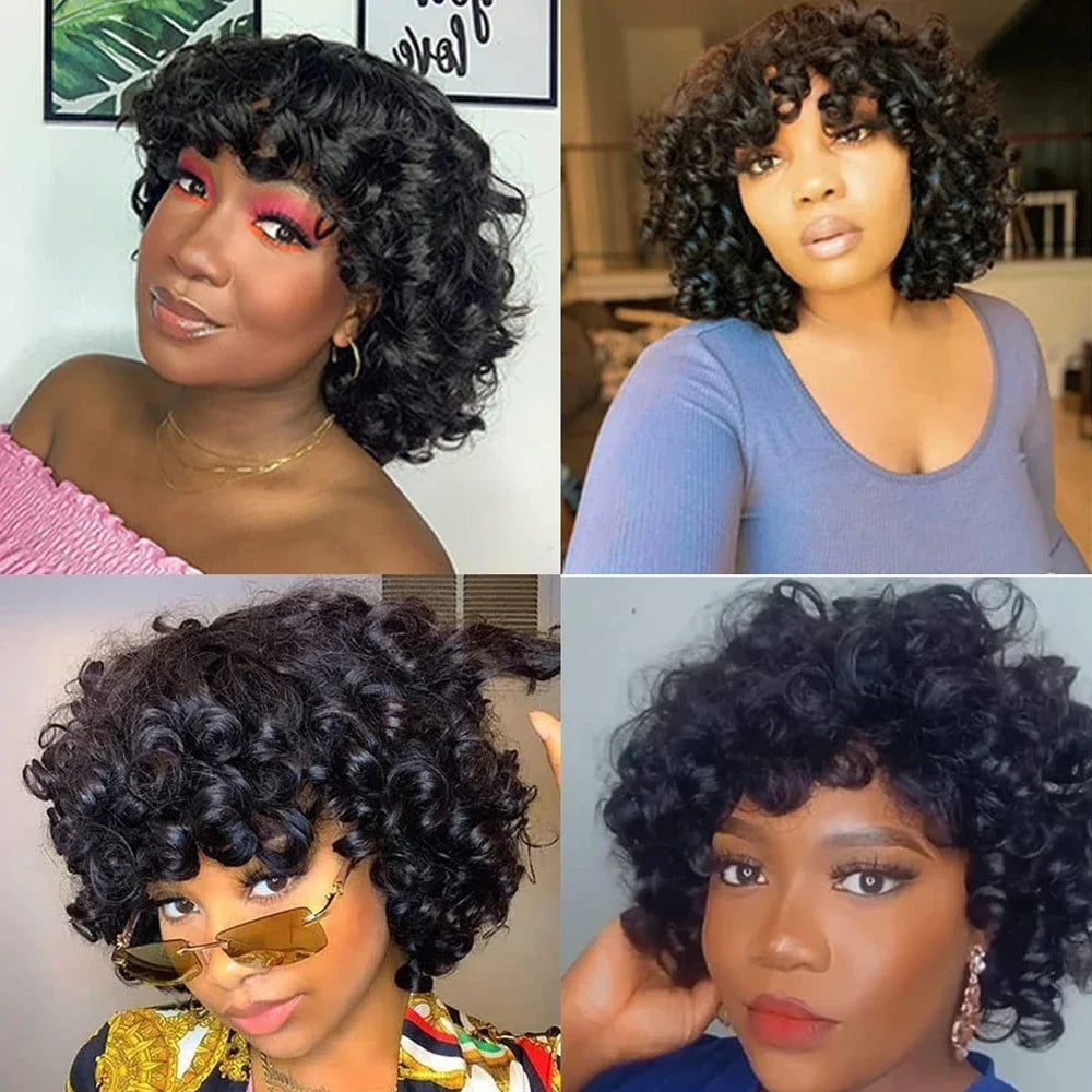 Egg Curls Bob Wig with Bangs Brazilian Virgin Human Hair Short Rose Curly Wig For Women Glueless Bouncy Curly Human Hair Wigs