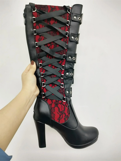 Platform Boots For Women Lace Up Chunky High Heel Mid Calf Boots Narrow Band Bow Knot Goth Gothic Shoes Winter 2024