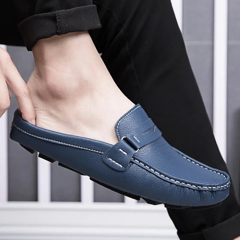 Men Slippers Fashion Leather Loafers Outdoor Non-slip Casual Driving Shoes Men Mules Slides Comfortable Beach Sandals Zapatillas