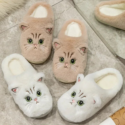 Winter Unisex Plush Slippers Couple Cute Cat Bedroom Slippers Soft Fleece Warm Indoor Slippers Non-slip Flat Home Cotton Shoes