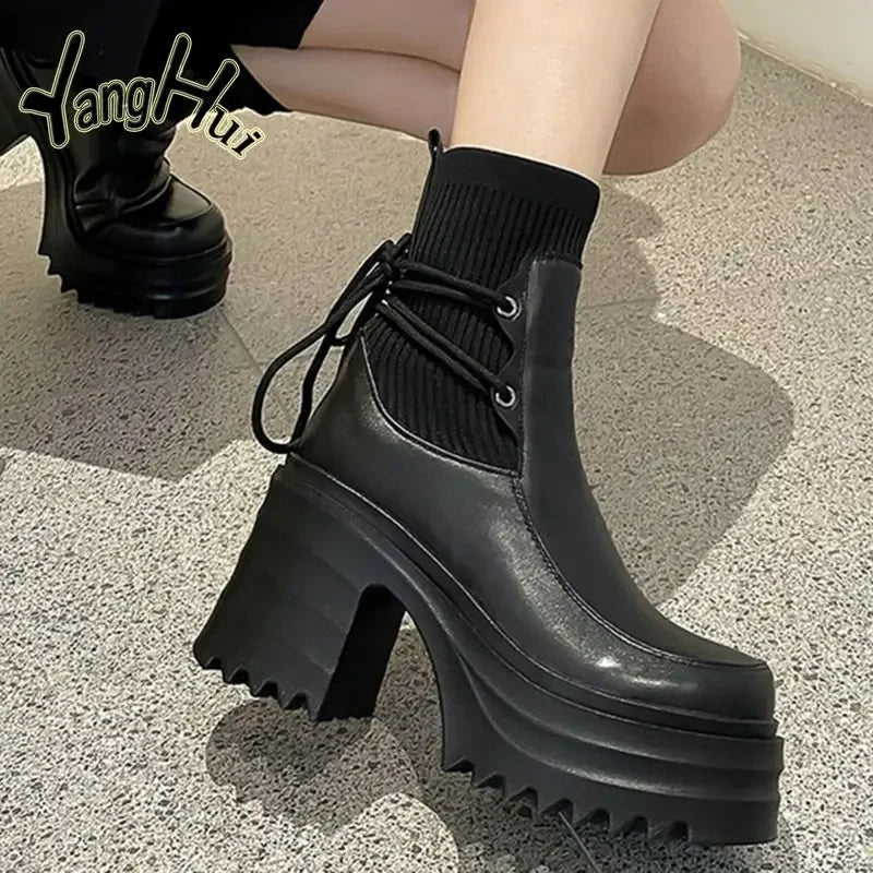 2023 New Ankle Modern Boots Cotton Fabric Lace FashionBlack Chunky High Heel Super High Platform Shoes for Women Spring Autumn