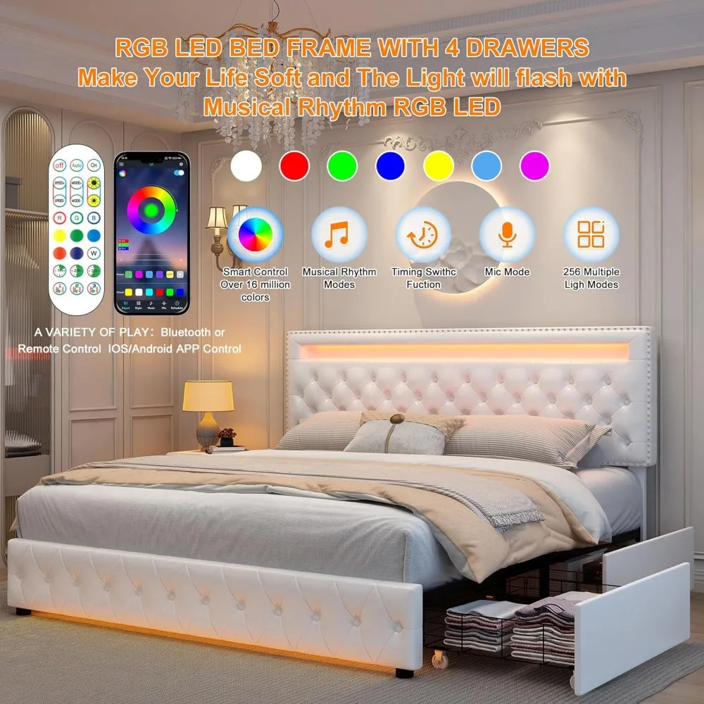 Queen Led Bed Frame with 4 Storage Drawers, with Smart Control RGBW LED Lights Headboard Footboard, Control DIY Color