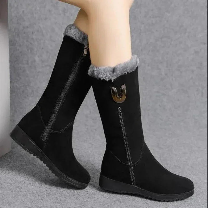 Women's Shoes Fashion Women Warm Chelsea High Fur Boots 2024 New Women Boots Mid-calf Plush Snow Flat Boots Zapatos Para Mujeres