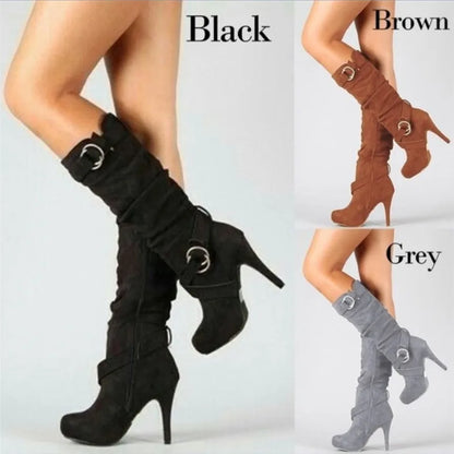 Women Super High Heel Boots Winter Fashion Buckle Strap Zipper Knee High Boots Platform Females Shoes Ladies Long Boots Botas