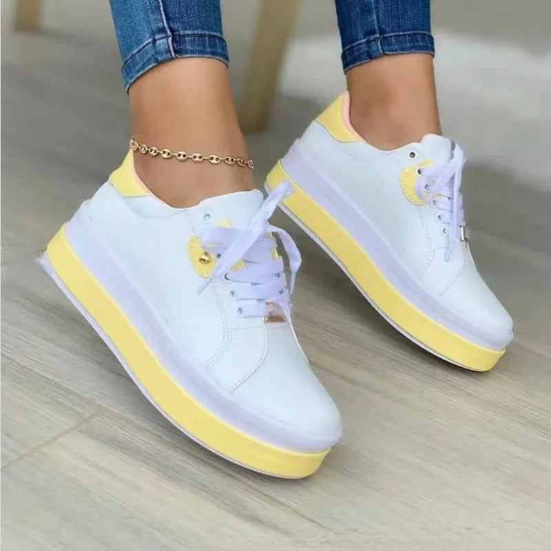 Women's Vulcanized Shoes Sports Shoes 2022 Outdoor Platform Shoes Female Casual PU Fashion Lace-Up Sneakers Women Wedge Flats