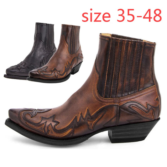 2024 Men's Western Cowboy Boots For Men Women Leather Ankle Boots Man Retro Embroidery Design Pointed Toe Shoes Plus Size 48