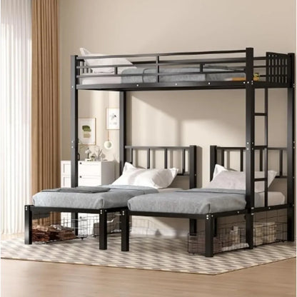 L-Shaped Triple Bunk Bed with Drawers for 3 Kids,Can Be Divided Into 3 Separate Beds W/Safety Textilene Guardrals, Bed Frame