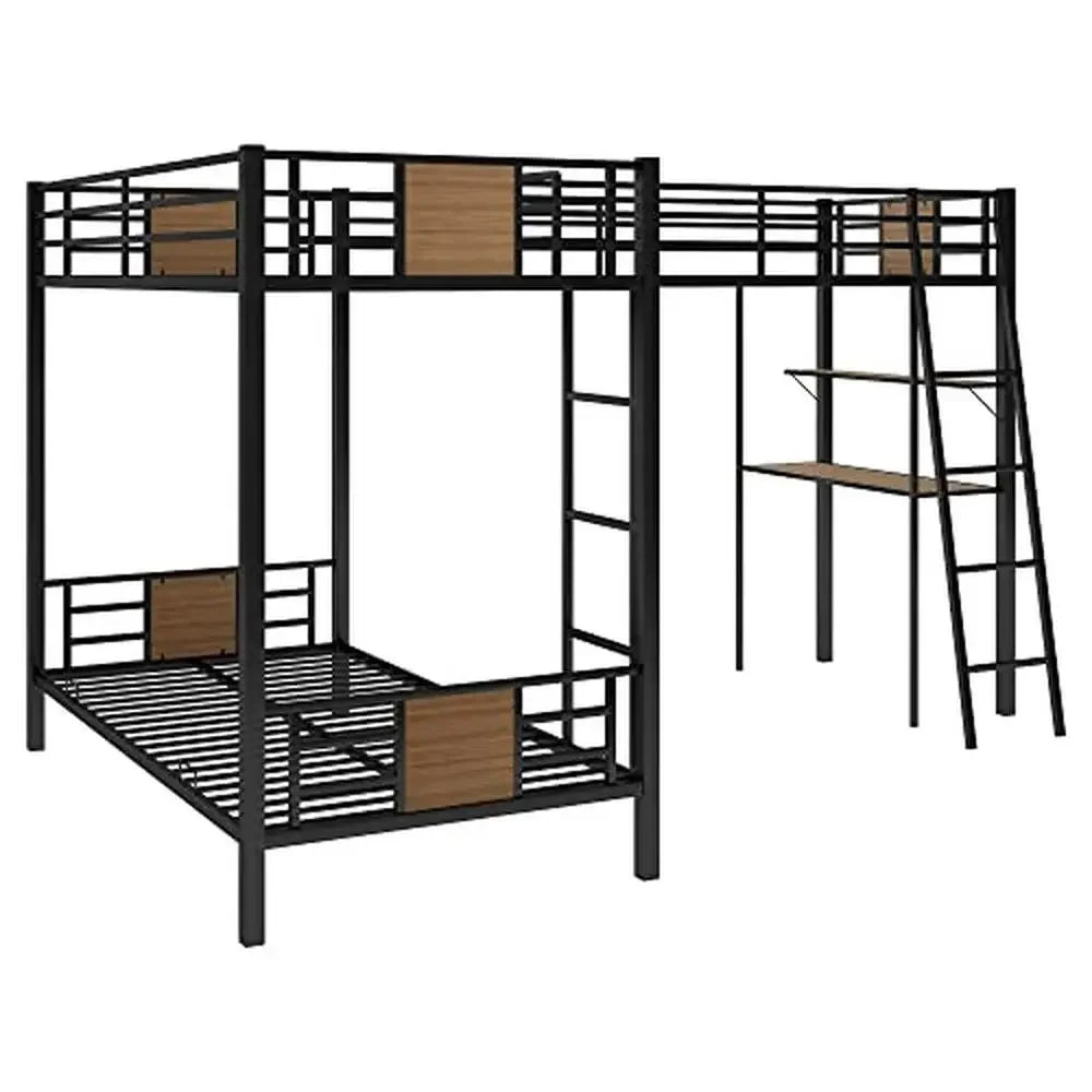 L-Shaped Triple Metal Bunk Bed with Desk and Shelf Twin Loft Bed Attached Space Saving Design Heavy Duty Suitable Children Room