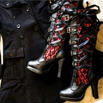 Platform Boots For Women Lace Up Chunky High Heel Mid Calf Boots Narrow Band Bow Knot Goth Gothic Shoes Winter 2024