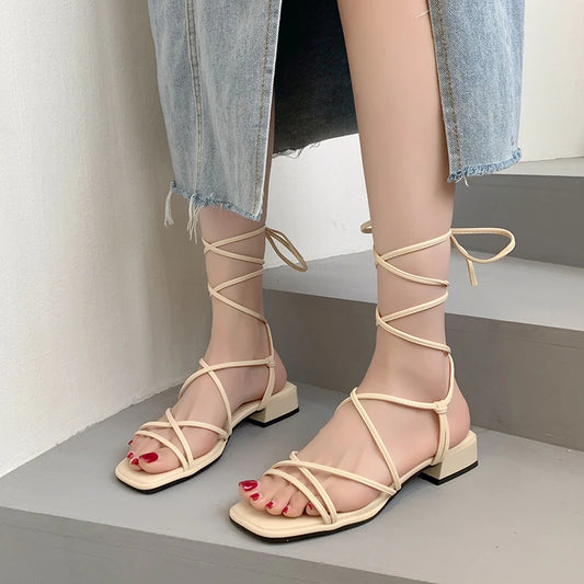 Vintage Open-toe Lace-up Sexy Comfortable Simple Sandals for Women 2023 New Summer Student Square Roman Women's Shoes