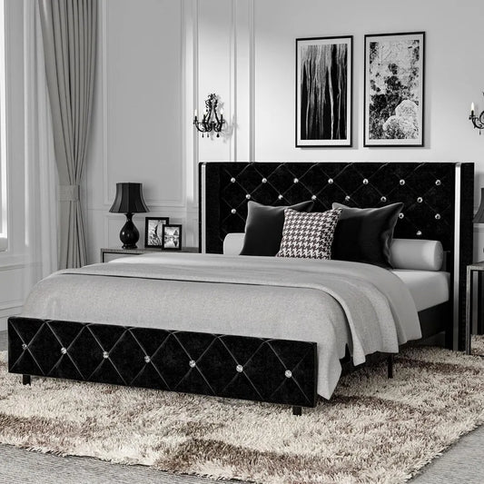 Bed Frame with Wingback, Upholstered Beds Frames with Diamond Tufted Headboard and Footboard, No Box Spring Needed, Bed Frame