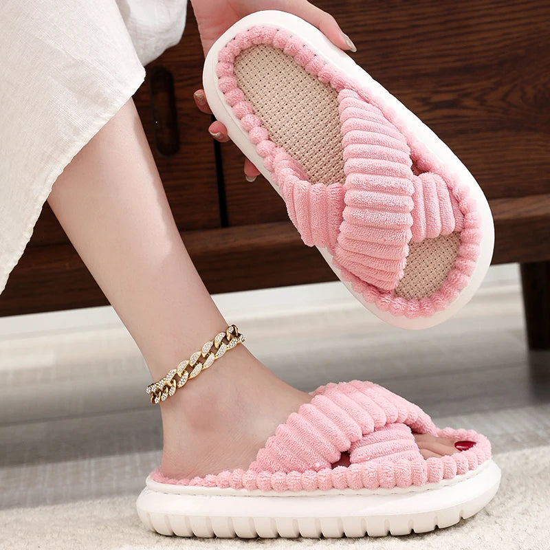 2024 Autumn Winter New Women Home Slippers Open-Toe Cross Band Linen Soled Indoor Slides Linen Soled Non-Slip Bathroom Slippers