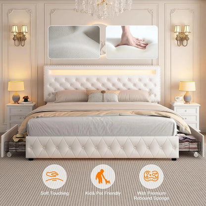 Queen Led Bed Frame with 4 Storage Drawers, with Smart Control RGBW LED Lights Headboard Footboard, Control DIY Color