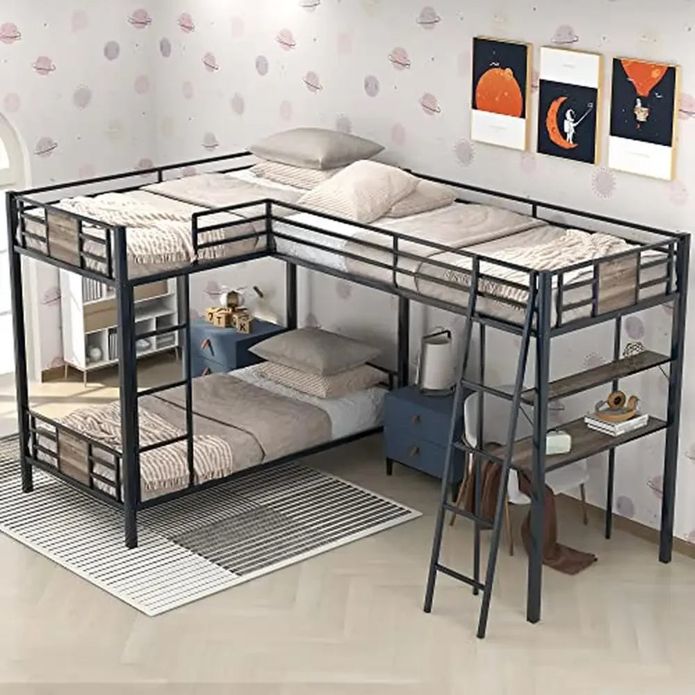 L-Shaped Triple Metal Bunk Bed with Desk and Shelf Twin Loft Bed Attached Space Saving Design Heavy Duty Suitable Children Room