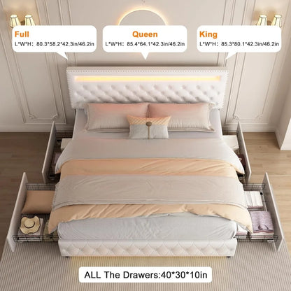 Queen Led Bed Frame with 4 Storage Drawers, with Smart Control RGBW LED Lights Headboard Footboard, Control DIY Color