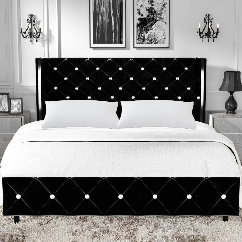 Bed Frame with Wingback, Upholstered Beds Frames with Diamond Tufted Headboard and Footboard, No Box Spring Needed, Bed Frame